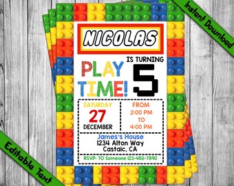INSTANT DOWNLOAD_Colored Building Blocks Birthday Invitation, Construction Bricks Invitation, Boys Birthday Party,Building Blocks Invitation