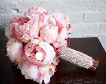Peony Bouquet, Wedding Bouquet, Silk Bouquet, Bridal Bouquet, Pink Peony Bouquet, Silk Wedding Bouquet with Rhinestone Handle
