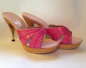 Fabulous Vintage 1950s HOT Pink Leather Mules Polly by Carroll's of Southern California- VLV- Sz 6 1/2