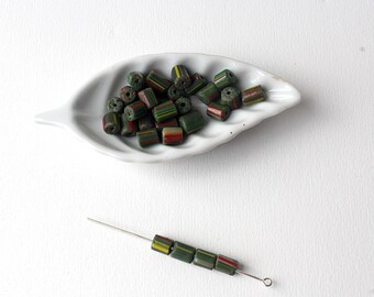 Set of 25 beads, Indonesian, glass tubes, striped khaki stripes red, white and yellow - approximately 6 x 6 mm - ethnic - hand made
