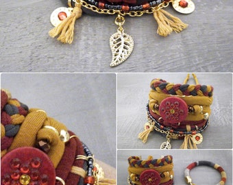 Layering Bracelets Yellow Red Grey, Gypsy Bracelet Set Bohemian Style, Hippie Jewelry, T-shirt Yarn Bracelet Leaf Charm, Autumn Bracelet