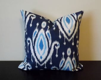 Decorative Throw Pillow, Blue Ikat Pillow Cover, 16x16, 18x18, 20x20, Toss Pillow, Sofa Pillow, Throw Pillow, Accent Pillow