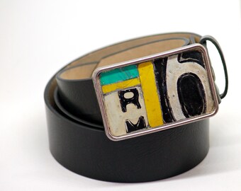 License Plate Belt Buckle Handmade Metal Mosaic Vintage Recycled Industrial Urban Rustic For Men or Women One of A Kind #6 B/W Yellow Green