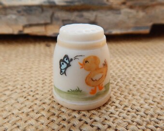 Lawrence Welk Village Bisque Thimble ~ Lawrence Welk Village Souvenir Bisque Thimble with Yellow Chick and Butterfly ~ Numbered Thimble