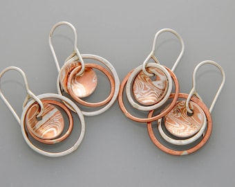 Mixed metal earrings "planets" with mokume