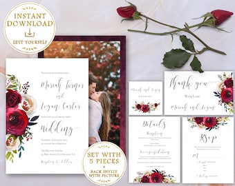 Wedding Invitation Template SET Editable with picture Fall Marsala Burgundy Red Pearl Wedding Invitation Instant Download, Printable