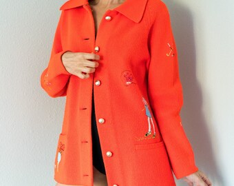 Vintage 50s Golf Themed Embroidered Red Cardigan Small S Rare
