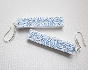Blue and white delftware inspired womens dangle earrings, polymer clay statement earrings