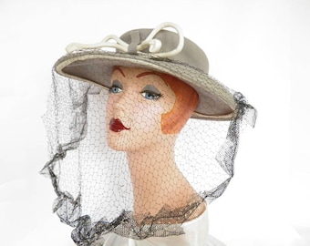1940s vintage hat, gray with black veil. woman's, WW2 era