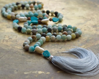 Blue tassel necklace, Long hippie necklace, Mala beads, Bohemian necklace, Amazonite necklace, Handmade mala necklace, Shabby chic, beach