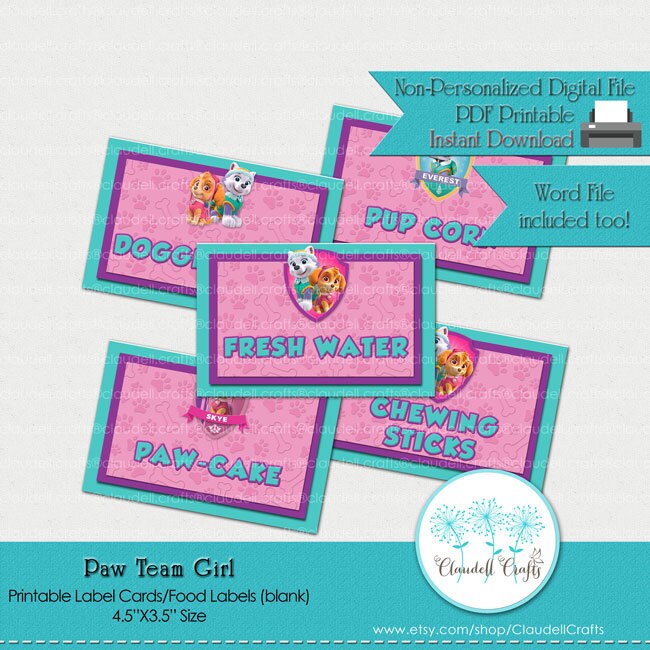 Paw Team Girl Inspired Printable Label Cards Blank / Food