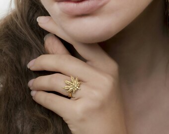 Cannabis ring,Open Ring, 925 Sterling Silver,Marijuana Ring,Marijuana Jewelry,Botanical Jewelry,18K Gold Plated
