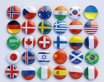 Flags Of The World Buttons Set of 30 Pinbacks Badges 1 inch