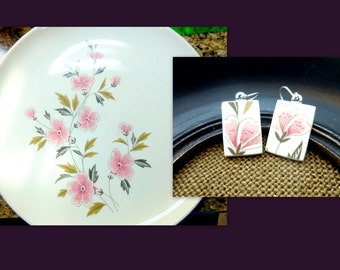 Pink Poppies - Recycled BROKEN CHINA PLATE earrings