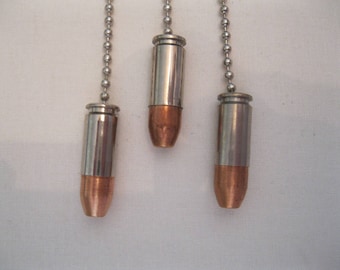 3 Pistol Bullet Ceiling Fan Pulls, Bullet Light Pulls, Nickel