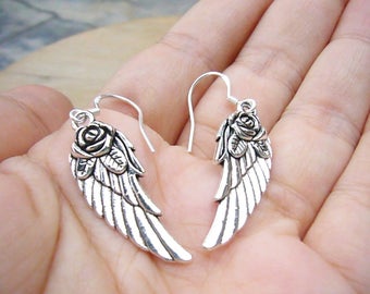 Silver Angel Wing Earrings, Angel Wing Earrings, Silver Bridal Earrings, Silver Wing, Bridesmaid Gift, Boho Earrings, Rustic Wedding Jewelry