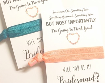 Will you be my Bridesmaid Proposal - Hair Tie Favor - Something Old New Borrowed Blue - Will You Be My Maid of Honor / Flower Girl
