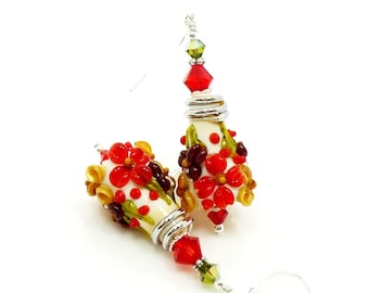 Red Earrings, Floral Earrings, Autumn Earrings, Lampwork Earrings, Glass Earrings, Glass Bead Earrings, Cone Earrings, Colorful Earrings