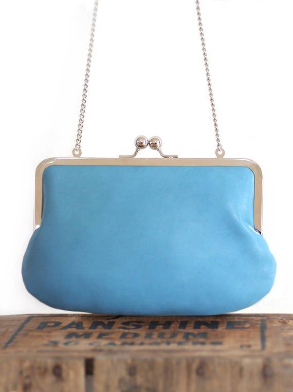 Leather clutch bag sky blue purse silk-lined handbag with