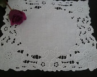 SALE!!! Linen Eyelet Doily,Linen Doily,Linen Home Decoration,Handmade Linen Doily, Linen Doily with Richelieu Embroidery,