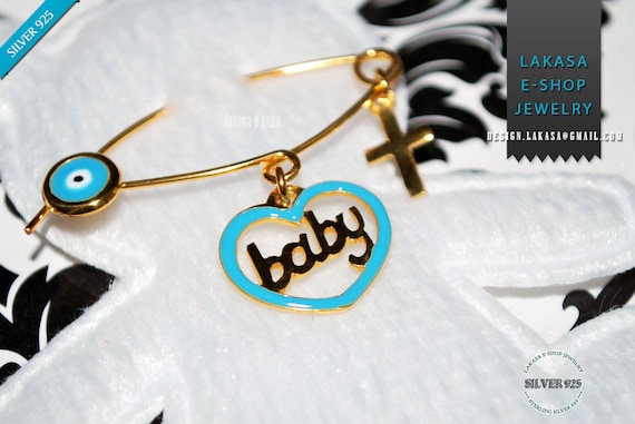 Blue Enamel Heart Baby Boy Brooch Sterling Silver Gold Handmade Jewelry Cross Eye Christening Mommy HappyShowerDay Religious Baptism Newborn