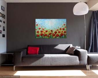 Poppy Painting, Abstract Flower Wall Art Canvas, Palette Knife Acrylic Painting, Impasto Modern Art, Textured Floral Landscape, Poppy Field