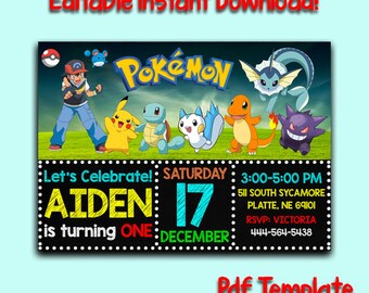 Pokemon Invitation, Pokemon Instant Download, Pokemon Birthday, Pokemon Party, Pokemon Editable Invitation, Pokemon Editable PDF