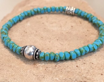 Turquoise bracelet, blue bracelet, Czech glass bead bracelet, sterling silver bracelet, stretch bracelet, elastic bracelet, boho bracelet