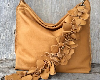 Leather Bag in Soft Butterscotch Caramel Designer Leather with Detachable Flower Shoulder Strap - Slouchy - Handmade - by Stacy Leigh