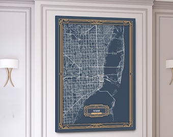 MIAMI Florida map Art Deco Large Canvas print Map Horizontal Wall art canvas print ready to hang Gallery Art Deco Map Style