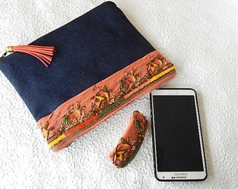 Denim purse, beaded purse, peach beaded pouch, fabric purse, zippered pouch, fashion accessory, womens accessory