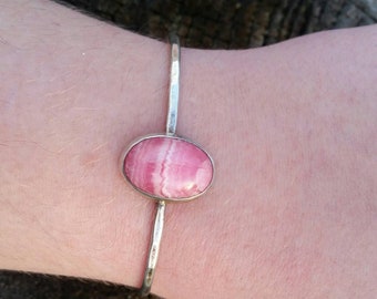 Vintage Sterling Silver Pink Agate Cuff Bracelet