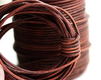 1mm Round Natural Leather cord - Vintage Brown Cognac - 10 feet, LC071