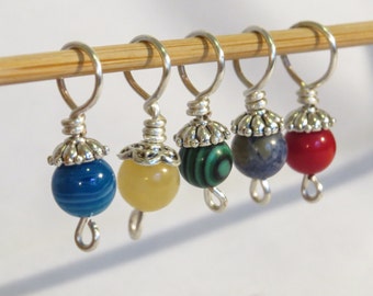 Set of 5 semi-precious stitch markers for knitting. Bold coloured stones.