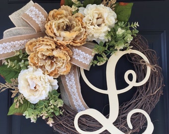 Everyday Wreath -Shabby Chic Wreath -Wreath - Cream Peony Lace Burlap Monogram Wreath -Wreaths -Housewarming Gift - Mothers Day Gift -Gifts