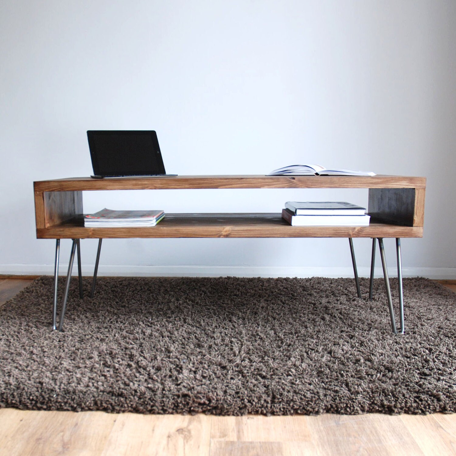 Dark Wood Coffee Table With Metal Legs - Fogueira Molhada