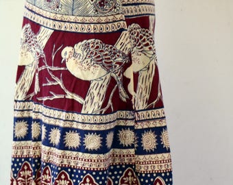 India Skirt, Vintage 70s India Skirt Hippy Cotton Wrap Skirt, Bohemian Hippie Festival High Waist Bird Print Wrap Midi Skirt O/S