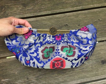 Flower Bag, Clutch, flower embroidery, brocade, brass closure