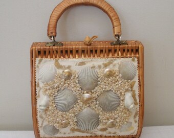 Vintage Wicker and Seashell Purse - Made in Spain