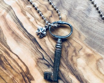 Authentic Skeleton Key Necklace - Vegan Leather - Antique Key Necklace - Mens Key Necklace - Rustic Key - Key To My Heart - Steampunk Key