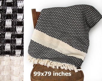 Throw Blanket Black Bedspread Turkish Sofa Cover Handwoven Cotton Couch Throw Picnic Blanket Sofa Throw BLACK Extra Large 99" x 79"