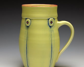 Hand thrown mug, Yellow Button Ceramic Coffee Mug, 12 oz