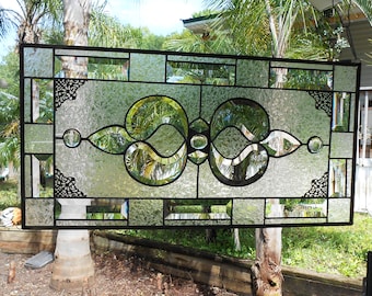 Beveled Stained Glass Panel, Traditional Crystal / Frosted Stained Glass Transom Window, Vintage Stained Glass Window, Antique Glass Valance