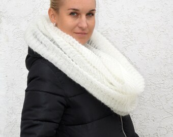 Chunky scarf white infinity mohair scarf hand knit cowl knitted infinity scarf knit shawl white cowl mohair knit scarf infinity circle scarf