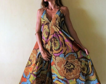 Ethnic long dress, voile cotton multicolored flowers, backless