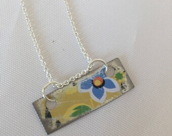 Bar necklace/vintage tin jewelry/floral jewelry/delicate necklace/adjustable necklace/repurposed tin jewelry/rectangle pendant/recycled