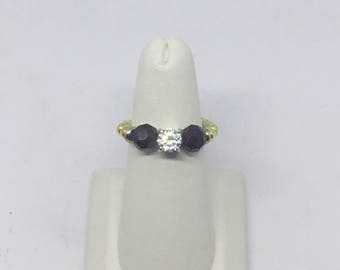Black Cherry, Gold, and Clear Cubic Zirconia Stretch Ring. Chunky yet Dainty Elegance. Size 7 to 9