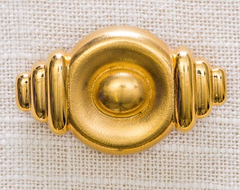 Bright Gold Brooch Vintage Abstract Brushed Round Broach Vtg Pin 7JJ