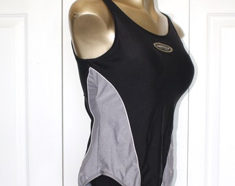 Vintage 1980s JANTZEN Bathing Suit . Black Silver Slim One Piece Swimsuit . Racing Back Swimming Suit Maillot . Size 6 - 8 USA