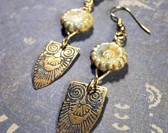 Etched Brass Owl Earrings, Art Deco Earrings Czech Glass Flowers - Free Domestic Shipping